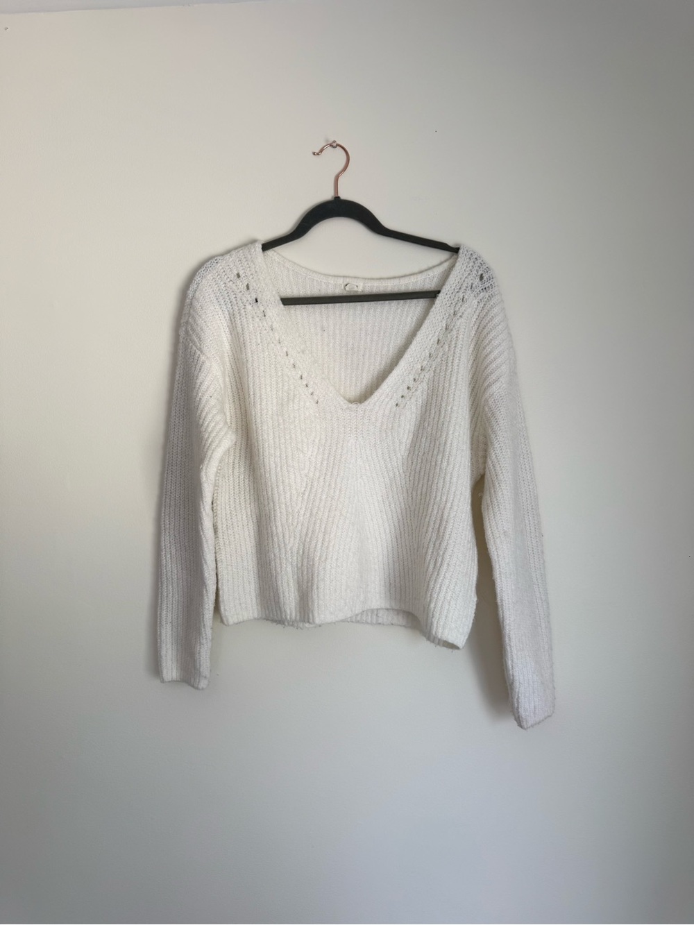 Garage white cropped sweater with ribbed texture & knit detailing on neck: Small